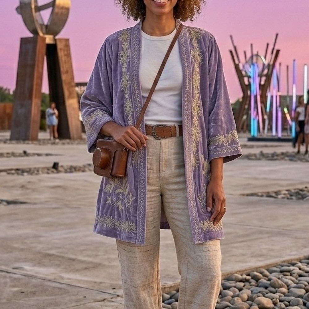 New Time for Me Velvet Embroidered Kimono Cardigan Women 2X Light Purple - Picture 2 of 12